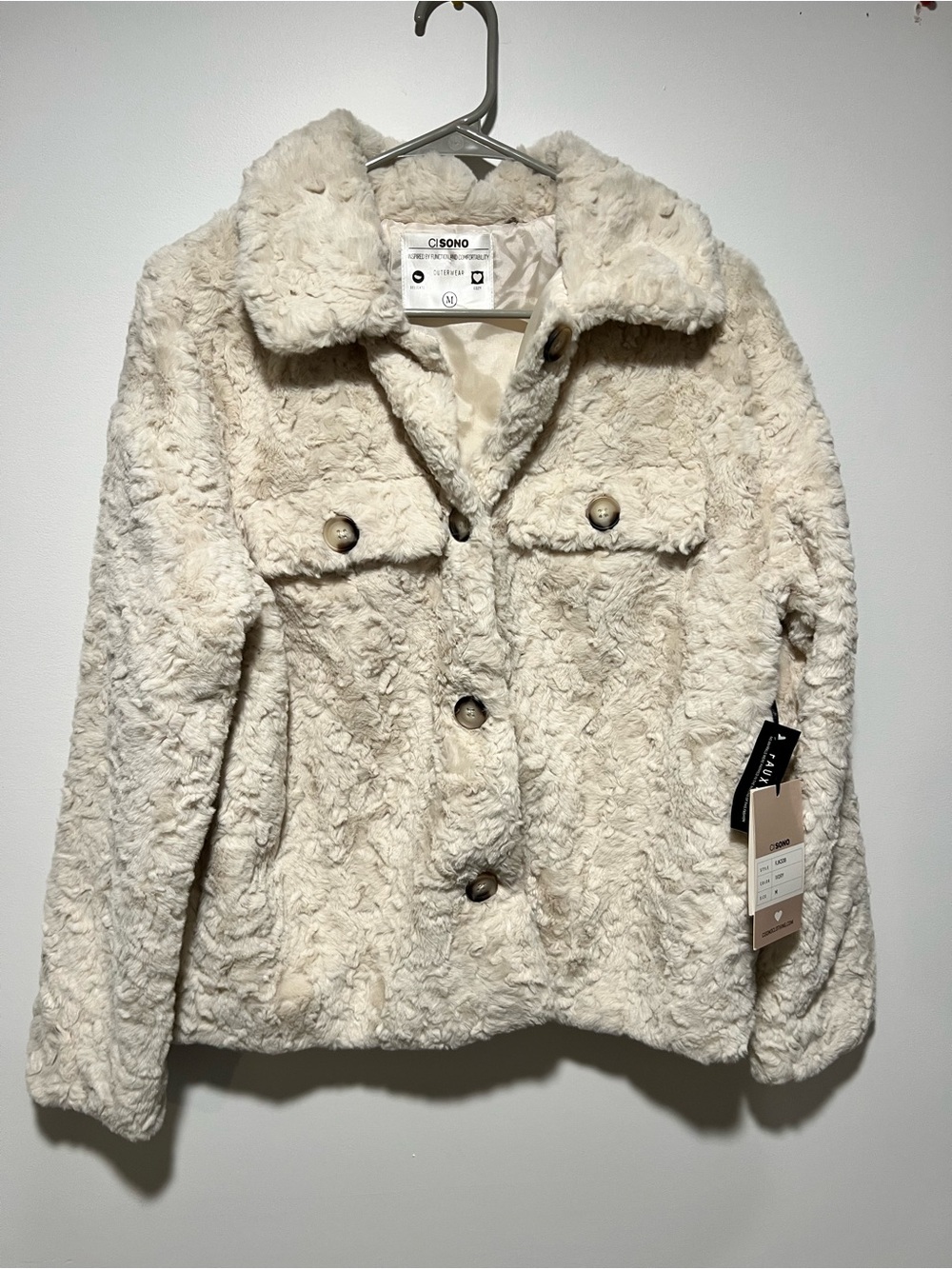 Ci Sono Cream Faux Fur Button-Front Teddy Jacket